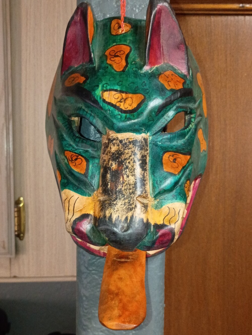 Handcrafted Green and Gold Wooden Jaguar Wall Mask - Decorative Statement Art!